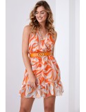 Light patterned dress with a belt, mint orange 03040 - Online store - Boutique